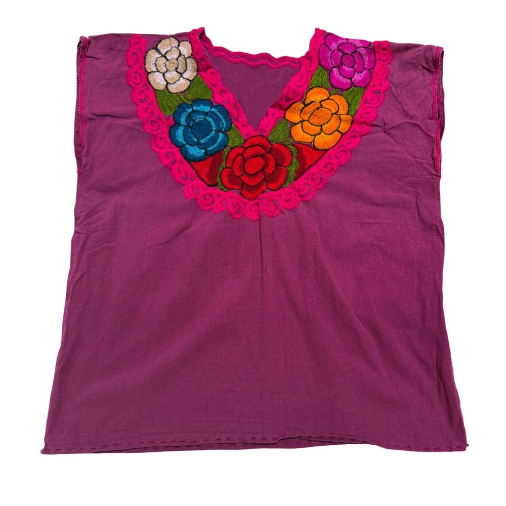 Unbranded Mexican Huipil Top Women M Purple Excellent Floral Embroidered Boho